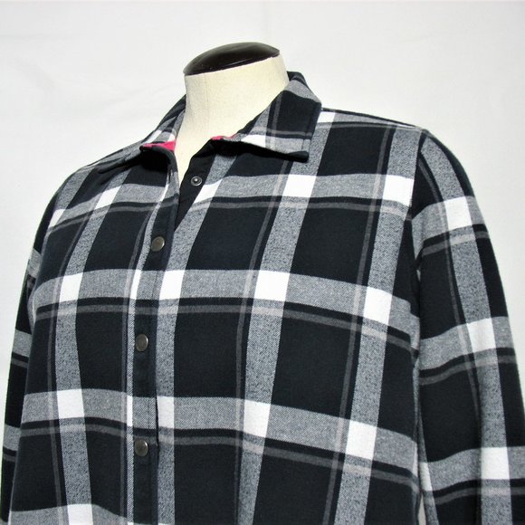Women's Orvis Plaid Flannel Jacket Fleece Lining Button Snap Black White Sz 2XL - Picture 3 of 7